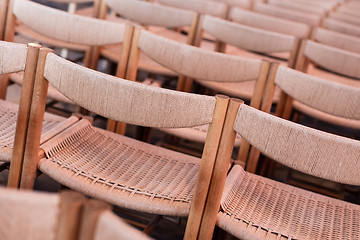 Image showing Rows of seats inside church, selective focus