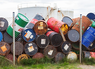 Image showing AKRANES, ICELAND - AUGUST 1, 2016: Oil barrels or chemical drums