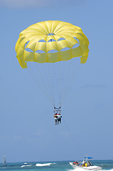 Image showing People are parasailing