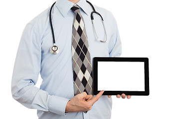 Image showing Doctor holding tablet with copy space and clipping path for the 