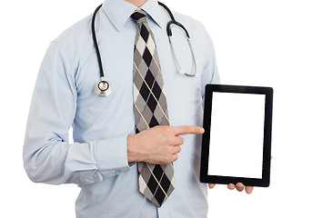 Image showing Doctor holding tablet with copy space and clipping path for the 