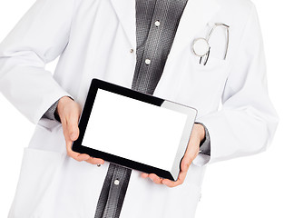 Image showing Doctor holding tablet with copy space and clipping path for the 