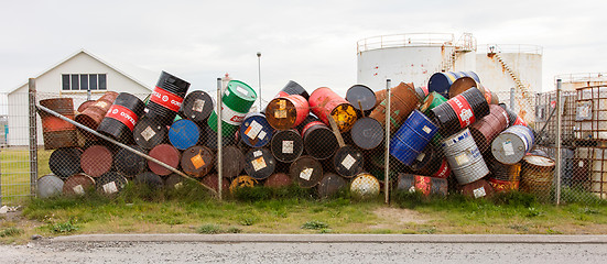 Image showing AKRANES, ICELAND - AUGUST 1, 2016: Oil barrels or chemical drums