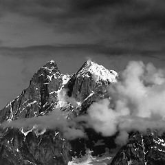 Image showing Black and white view on Mt. Ushba in clouds