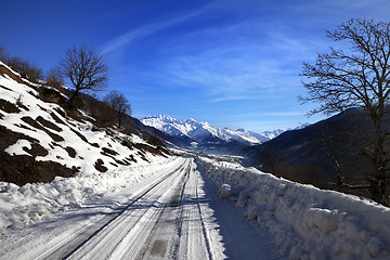 Image showing Snow road in winter morning mountain