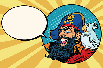 Image showing happy pirate with a parrot, pop art comic bubble