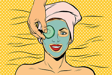 Image showing Cucumber mask on woman face, skin beauty