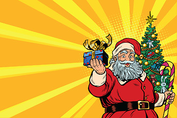 Image showing Santa Claus Christmas tree and gift, copy space left