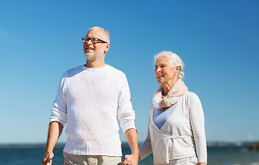 Image showing happy senior couple holding hands on summer beach