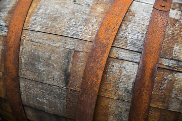 Image showing close up of old wooden barrel outdoors