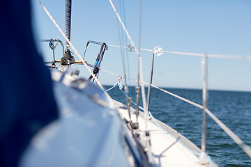 Image showing close up of sailboat or sailing yacht deck in sea