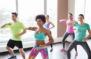 Image showing group of smiling people dancing in gym or studio