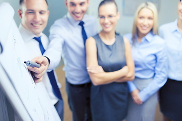 Image showing smiling business team with charts on flip board