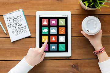 Image showing close up of woman with tablet pc on wooden table