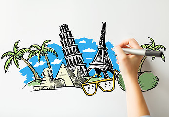 Image showing close up of hand drawing touristic landmarks