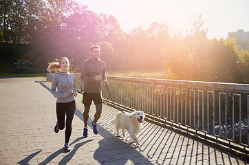 Image showing happy couple with dog running outdoors