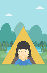 Image showing Woman lying in camping tent vector illustration.