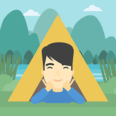 Image showing Man lying in camping tent vector illustration.