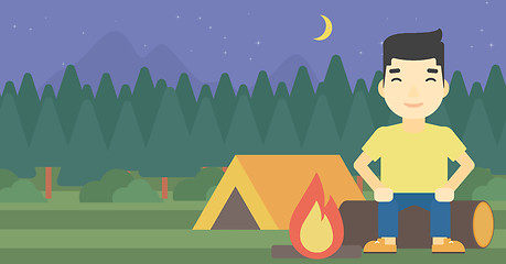 Image showing Man sitting on log in the camping.