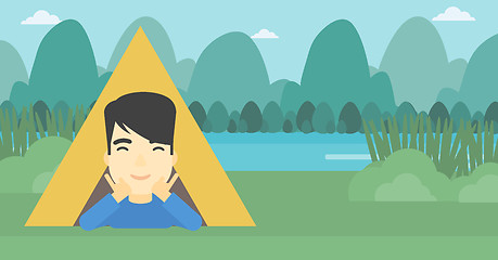 Image showing Man lying in camping tent vector illustration.