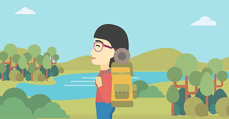 Image showing Woman with backpack hiking vector illustration.