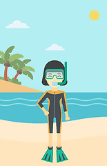 Image showing Female scuba diver on beach vector illustration.