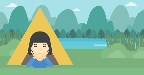 Image showing Woman lying in camping tent vector illustration.