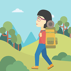 Image showing Woman with backpack hiking vector illustration.