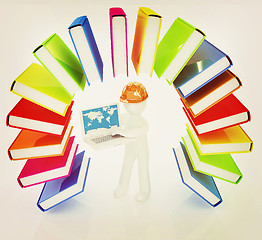 Image showing Colorful books like the rainbow and 3d man in a hard hat with la