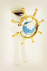 Image showing Sailor with gold steering wheel and earth. Trip around the world