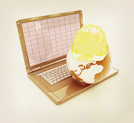 Image showing Hard hat and earth on a laptop . 3D illustration. Vintage style.