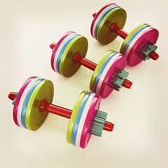 Image showing Colorful dumbbells on a white background. 3D illustration. Vinta