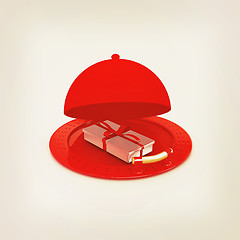 Image showing Illustration of a luxury gift on restaurant cloche. 3D illustrat