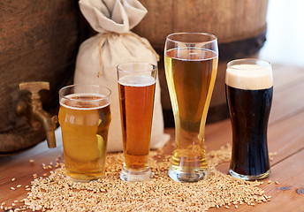 Image showing close up of beer barrel, glasses and bag with malt