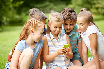 Image showing kids or friends with smartphone in summer park