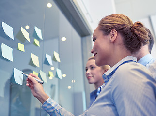 Image showing smiling business people with marker and stickers