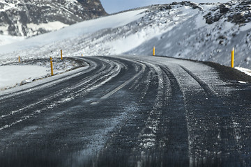 Image showing Wet and slippery road in Iceland, wintertime