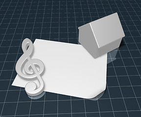 Image showing clef symbol and house symbol on blank white paper sheet - 3d rendering