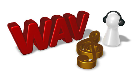 Image showing wav tag, clef symbol and pawn with headphones - 3d rendering