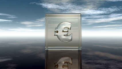 Image showing euro symbol in glass cube under cloudy blue sky - 3d illustration