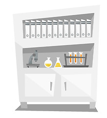 Image showing Shelves with folder, microscope, medical glassware