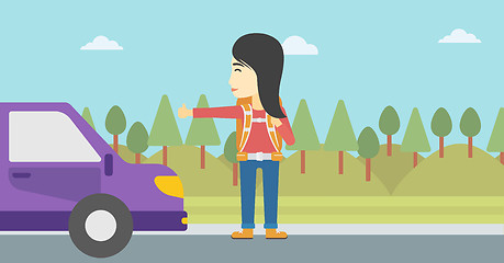 Image showing Young woman hitchhiking vector illustration.