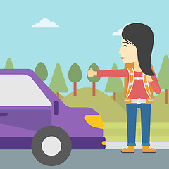 Image showing Young woman hitchhiking vector illustration.