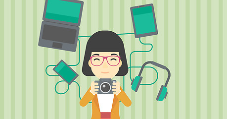 Image showing Woman surrounded with her gadgets.