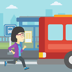 Image showing Latecomer woman running for the bus.