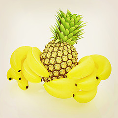 Image showing pineapple and bananas. 3D illustration. Vintage style.