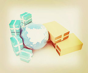 Image showing Cardboard boxes, gifts and earth . 3D illustration. Vintage styl