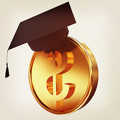 Image showing Graduation hat on gold dollar coin. 3D illustration. Vintage sty