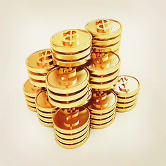 Image showing Gold dollar coin stack. 3D illustration. Vintage style.