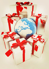 Image showing Earth and gifts. 3D illustration. Vintage style.